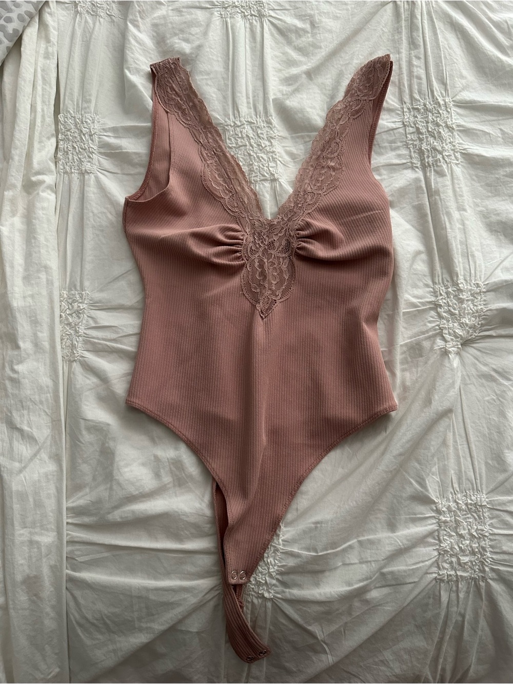 Free People Mauve Lace Trim Ribbed V-Neck Bodysuit